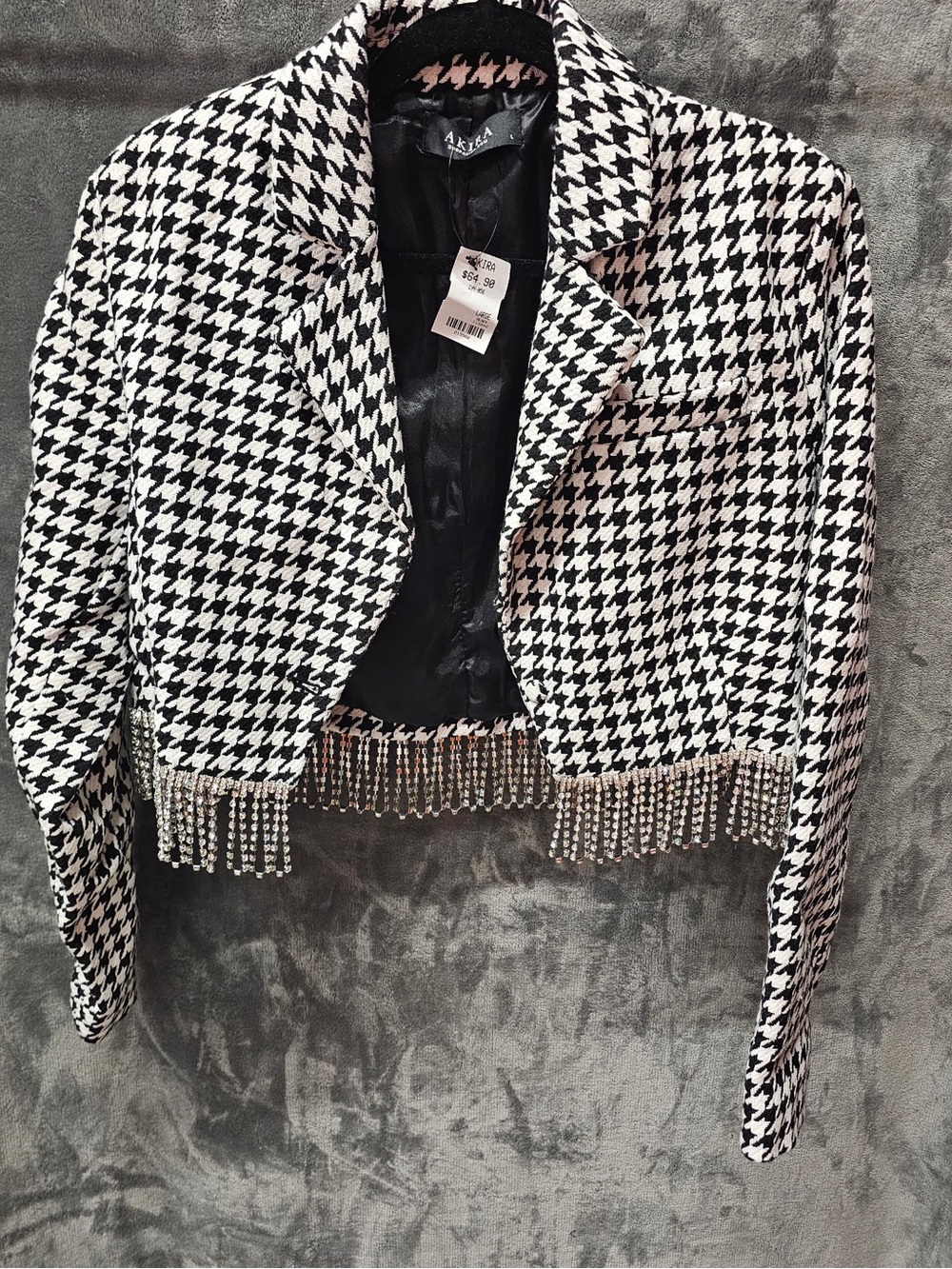 Akira Houndstooth Cropped Blazer Jacket with Crystal Fringe - Size Large NWT